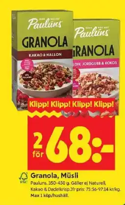ICA Kvantum PAULUNS Granola, müsli erbjuda