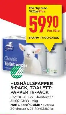 Willys Hushållspapper 8-pack, Toalettpapper 16-pack erbjuda