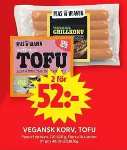 ICA Maxi PEAS OF HEAVEN Vegansk korv, tofu erbjuda