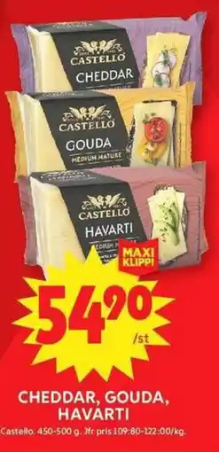 ICA Maxi CASTELLO Cheddar, gouda, havarti erbjuda