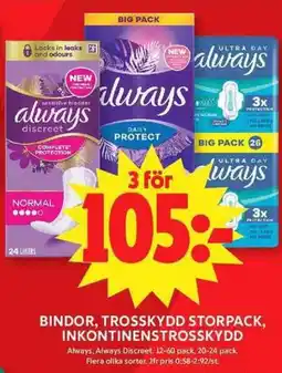 ICA Maxi ALWAYS Bindor, trosskydd storpack, inkontinenstrosskydd erbjuda