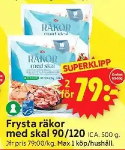 ICA Supermarket ICA Frysta räkor med skal 90/120 erbjuda