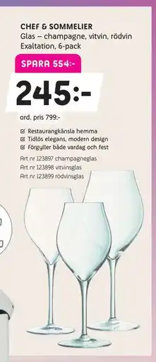 Elon CHEF & SOMMELIER Glas – champagne, vitvin, rödvin Exaltation, 6-pack erbjuda
