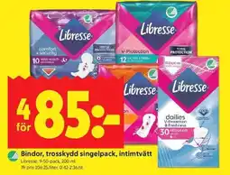 ICA Kvantum Libresse Bindor, trosskydd singelpack, intimtvätt erbjuda