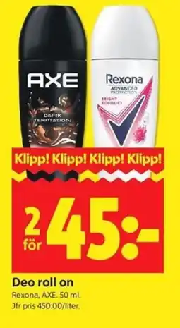 ICA Kvantum Rexona, Axe Deo roll on erbjuda
