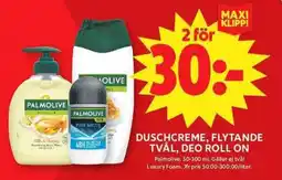 ICA Maxi PALMOLIVE Duschcreme, flytande tvål, deo roll on erbjuda