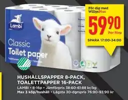 Willys HUSHÅLLSPAPPER 8-PACK, TOALETTPAPPER 16-PACK, Medlemspris erbjuda