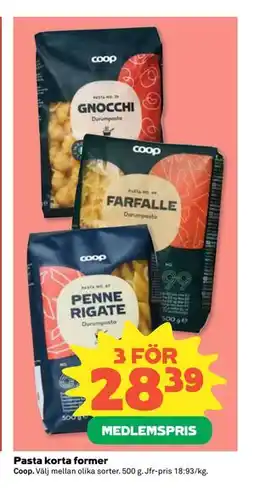 Coop Daglivs Pasta korta former, Medlemspris erbjuda