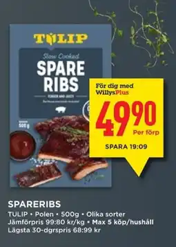 Willys TULIP Spareribs erbjuda