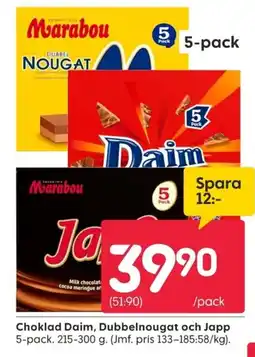 Rusta Choklad Daim, Dubbelnougat och Japp erbjuda