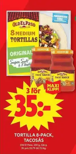 ICA Maxi OLD EL PASO Tortilla 8-pack, tacosås erbjuda