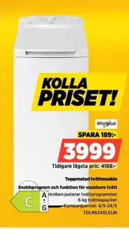 Power Whirlpool toppmatad tvättmaskin snabbprogram och funktion för snabbare tvätt erbjuda