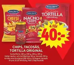 ICA Maxi SANTA MARIA Chips, tacosås, tortilla originál erbjuda
