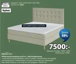 VEFNA kontinentalsäng sand-91 S + KOLA bäddmadrass