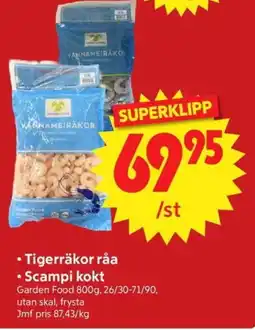 Nya Pulsen Garden Food • Tigerräkor råa • Scampi kokt erbjuda