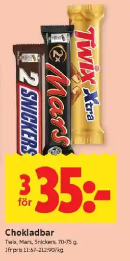 ICA Kvantum Twix, Mars, Snickers Chokladbar erbjuda