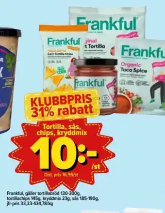 Östenssons Frankful Tortilla, sås 185-190g, chips, kryddmix 23g erbjuda