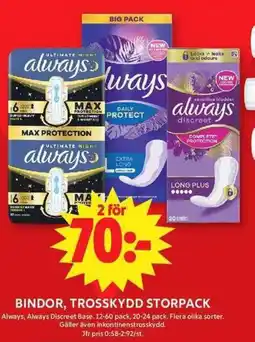 Apotek Hjärtat Always Bindor, trosskydd storpack erbjuda