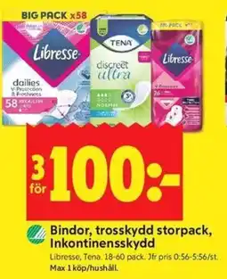 ICA Kvantum Libresse, Tena Bindor, trosskydd storpack, Inkontinensskydd erbjuda