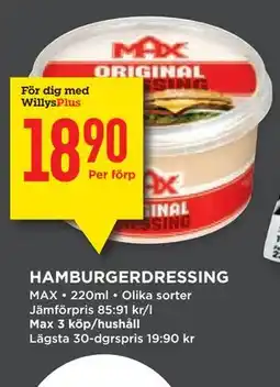 Willys HAMBURGERDRESSING, Medlemspris erbjuda