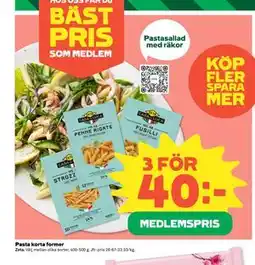 Coop Daglivs Pasta korta former, Medlemspris erbjuda