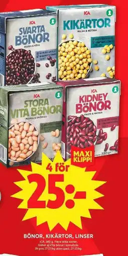 ICA Maxi ICA Bönor, kikärtor, linser erbjuda