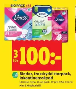 ICA Kvantum Bindor, trosskydd storpack, Inkontinensskydd erbjuda