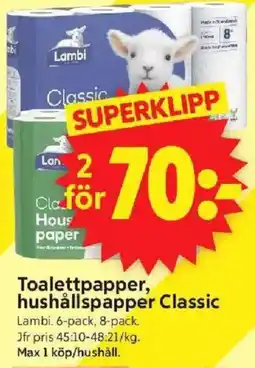 ICA Supermarket LAMBI Toalettpapper, hushållspapper classic erbjuda