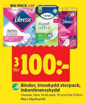 ICA Supermarket Bindor, trosskydd storpack, inkontinensskydd erbjuda