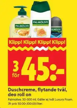 ICA Supermarket Palmolive Duschcreme, flytande tvål, deo roll on erbjuda