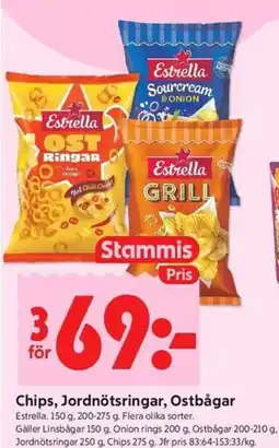 ICA Kvantum ESTRELLA Chips, jordnötsringar, ostbågar erbjuda