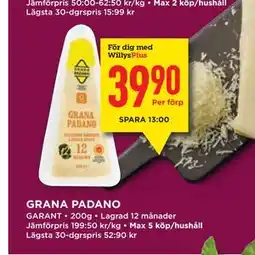 Willys GRANA PADANO, Medlemspris erbjuda