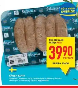 Willys Hemma FÄRSK KORV, Medlemspris erbjuda