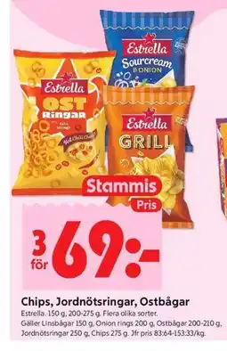 ICA Kvantum Chips, Jordnötsringar, Ostbågar, Medlemspris erbjuda