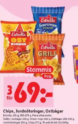 ICA Kvantum ESTRELLA Chips, jordnötsringar, ostbågar erbjuda