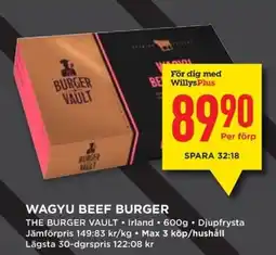 Willys THE BURGER VAULT Wagyu beef burger erbjuda