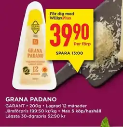 Willys GARANT Grana padano erbjuda