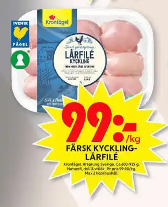 ICA Maxi Kronfågel Färsk Kycklinglårfilé 600-925g erbjuda