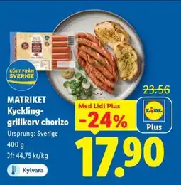 Lidl MATRIKET Kycklinggrillkorv chorizo erbjuda