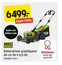 Jula Batteridriven gräsklippare 46 cm 36 V 6,0 Ah erbjuda