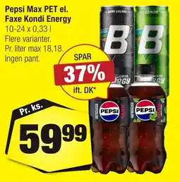 Calle Pepsi Max PET el. Faxe Kondi Energy erbjuda