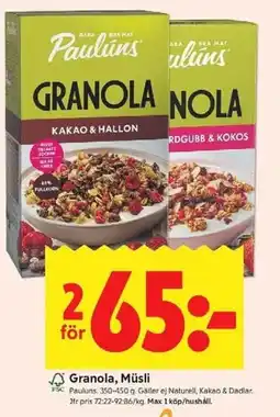 ICA Kvantum Pauluns Granola, Müsli erbjuda
