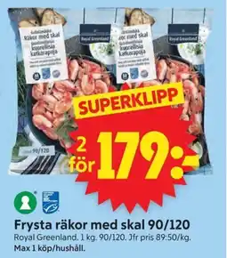 ICA Supermarket Frysta räkor med skal 90/120 erbjuda