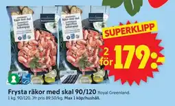 ICA Supermarket Frysta räkor med skal 90/120 erbjuda