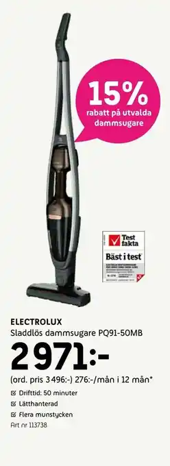 Elon Electrolux Sladdlös dammsugare PQ91-50MB erbjuda
