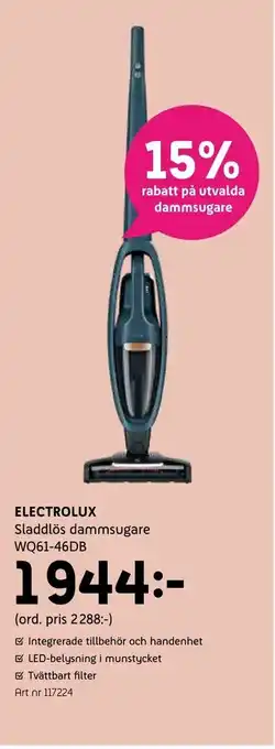 Elon Electrolux Sladdlös dammsugare WQ61-46DB erbjuda