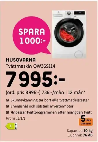 Elon Husqvarna Tvättmaskin QW36S114 erbjuda