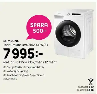 Elon Samsung Torktumlare DV80T5220AW/S4 erbjuda
