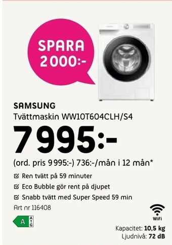 Elon Samsung Tvättmaskin WW10T604CLH/S4 erbjuda