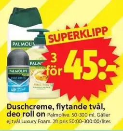 ICA Supermarket PALMOLIVE Duschcreme, flytande tvål, deo roll on erbjuda